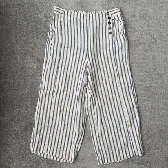 Tahari Pants Womens XL Blue Cream Stripe Linen Blend Wide Leg Cropped High Rise - Picture 1 of 11